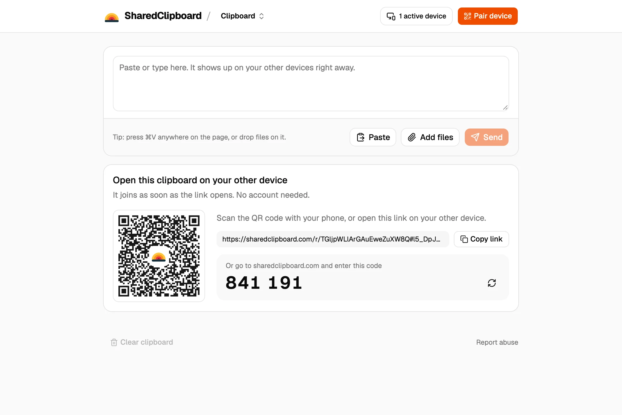 A new private clipboard on a computer, with a QR code and a 6-digit code