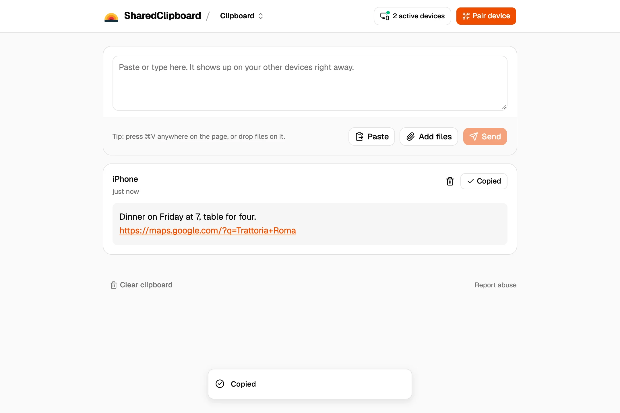 Text pasted on the phone, and copied with one click on the computer