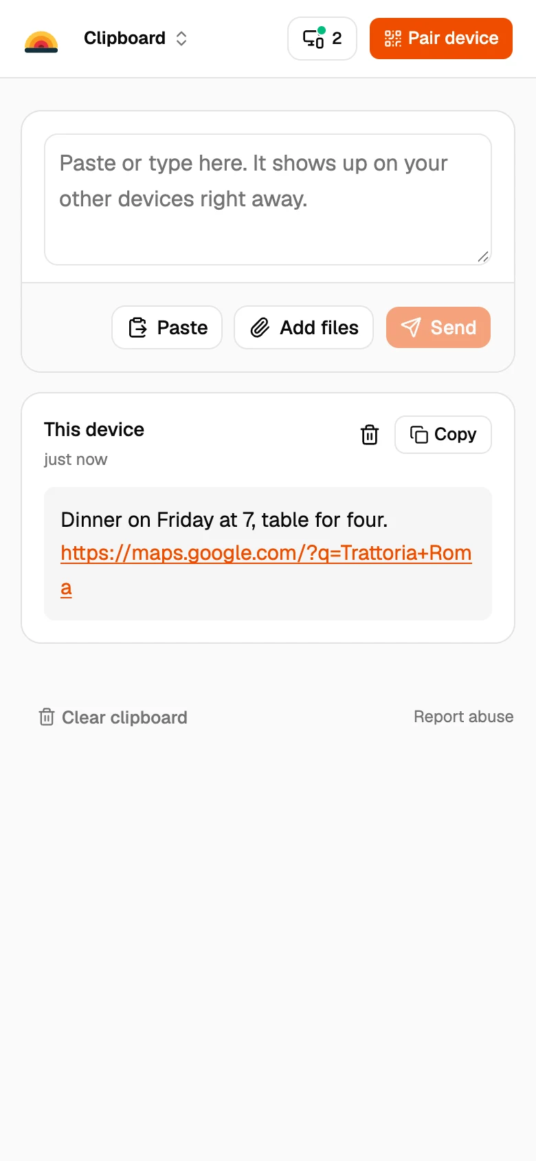 Text pasted on the phone, and copied with one click on the computer